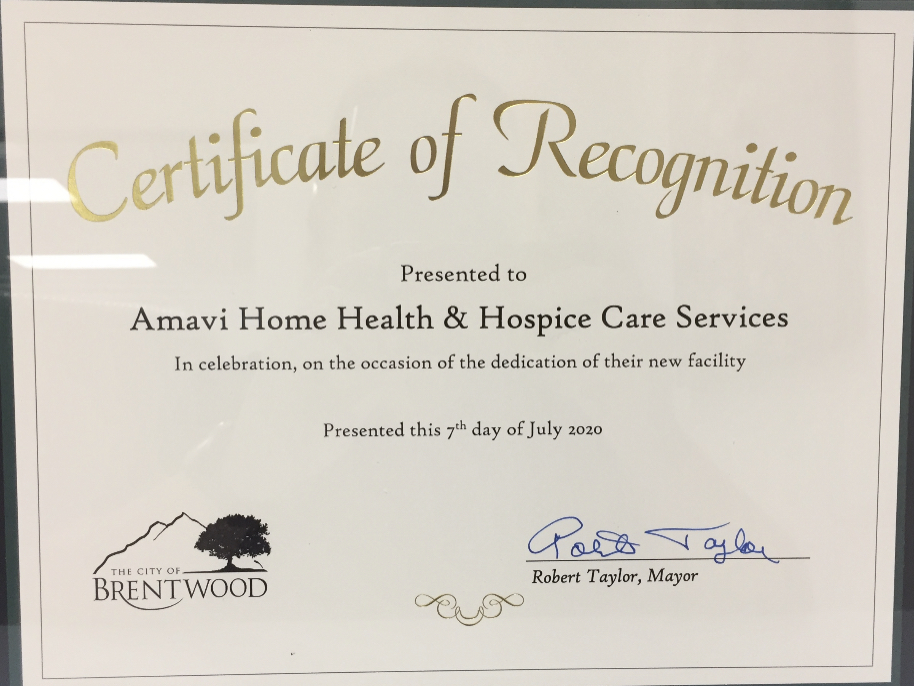 Amavi Certificate of Recognition
